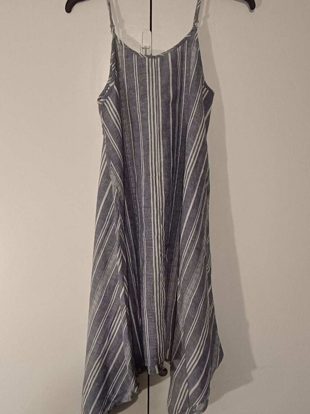 Time and Tru Blue White Striped Linen Blend Handkerchief Hem Swing Dress - Picture 3 of 7